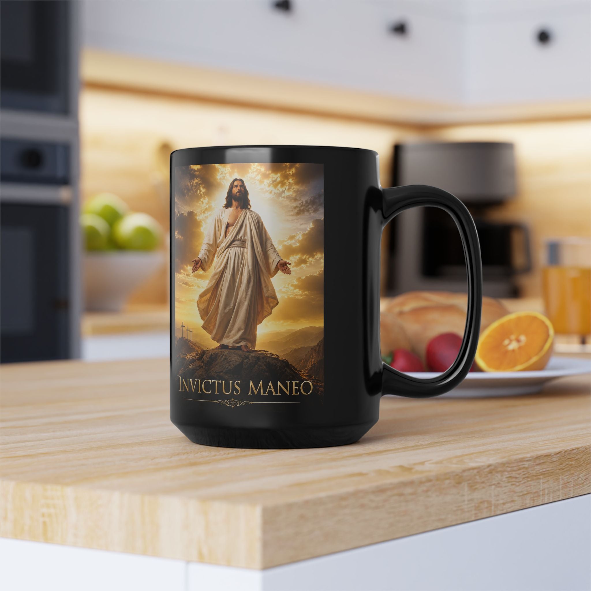 Invictus Maneo Christian Mug — "I Remain Unvanquished" 15oz Black Coffee Cup