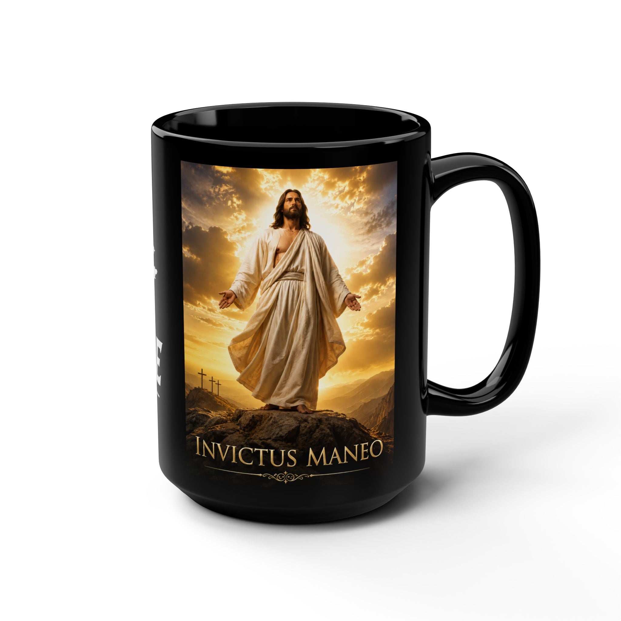 Invictus Maneo Christian Mug — "I Remain Unvanquished" 15oz Black Coffee Cup