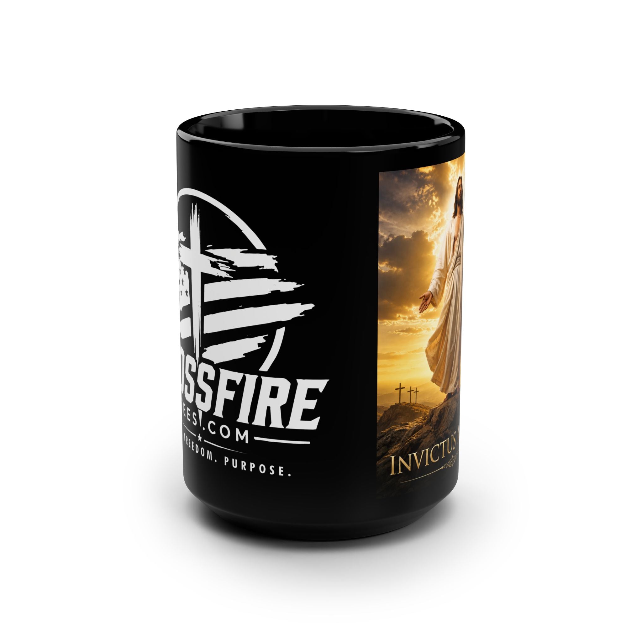 Invictus Maneo Christian Mug — "I Remain Unvanquished" 15oz Black Coffee Cup