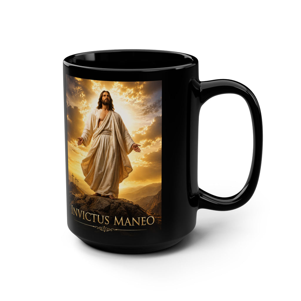 Invictus Maneo Christian Mug — "I Remain Unvanquished" 15oz Black Coffee Cup