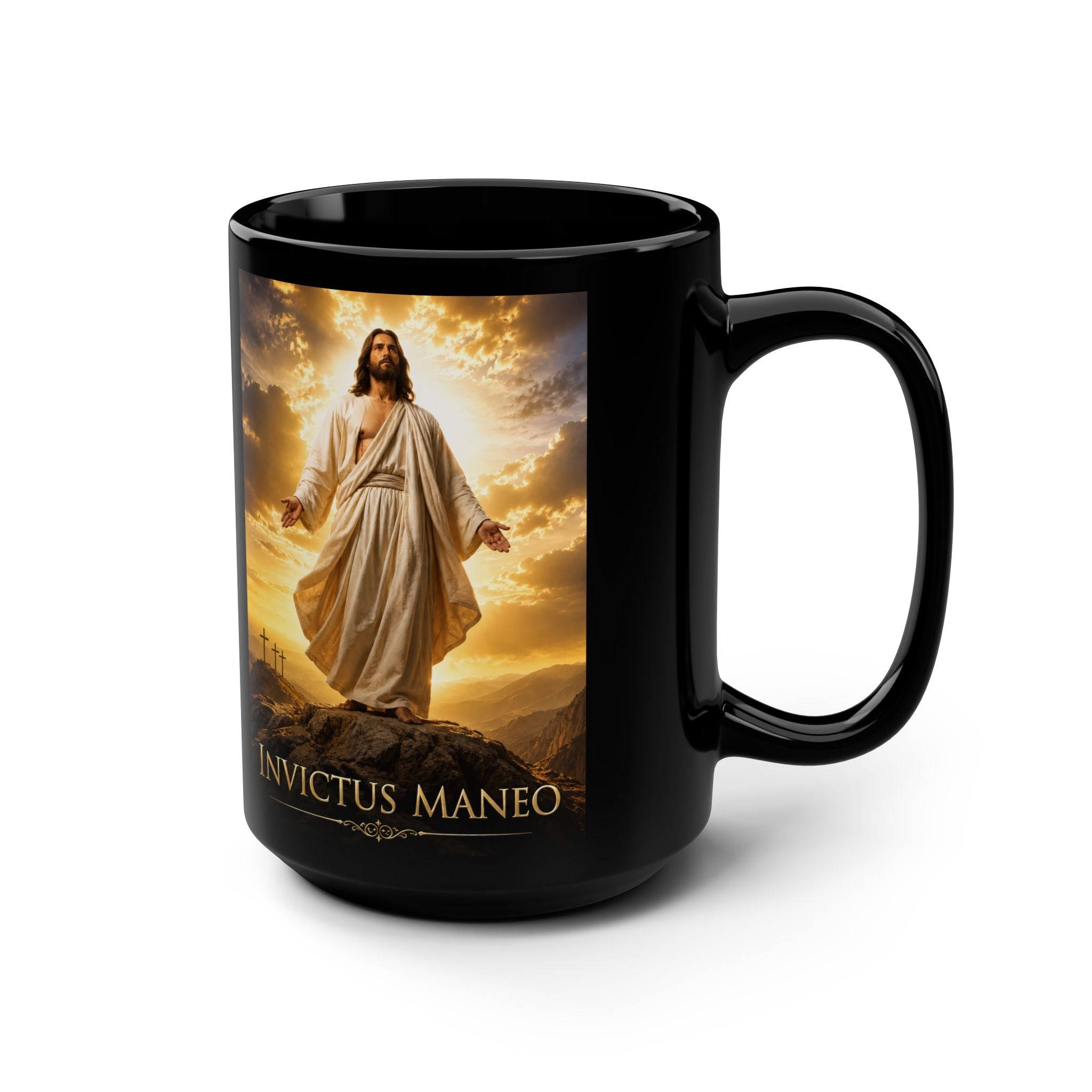 Invictus Maneo Christian Mug — "I Remain Unvanquished" 15oz Black Coffee Cup